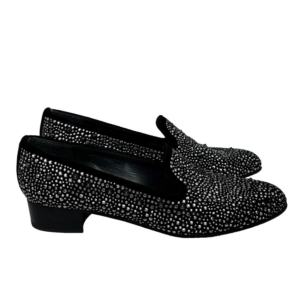 Stuart Weitzman Slipbead Studded Loafers Black Suede Silver Sparkle Slipper sz 8